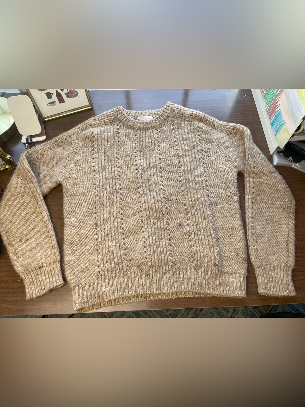 Evan Picone Neutral Tan Cable-Knit Crewneck Sweater